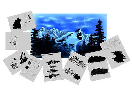 AS-351 Wolf/Mountains Step by Step Airbrush Stencil Set Size S