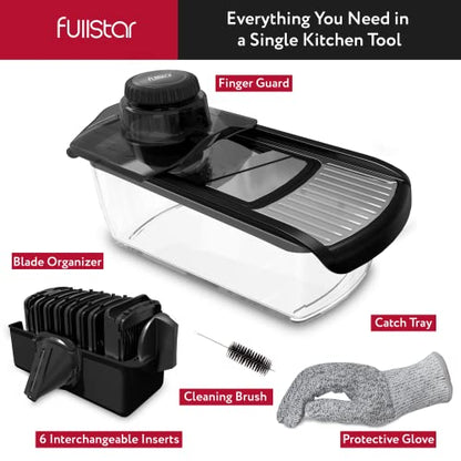 Fullstar vegetable slicer for kitchen, cheese grater, vegetable spiralizer, and vegetable slicer for cooking and meal prep. Includes kitchen tools, organizer, and safety glove.