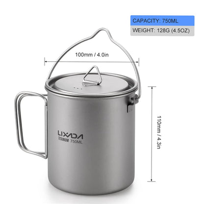 Lixada Ultralight Titanium Pot 750 ml Camping Frying Pan, foldable handle with lid for outdoor portable camping picnic water cup.