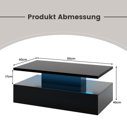 COSTWAY LED coffee table high gloss, living room table with adjustable light colors & brightness, remote control, 2-tier coffee table, rectangular sofa table for living room, black, 110 x 60 x 40 cm.