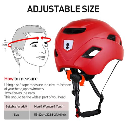 Adult bike helmet with visor and LED, 21 ventilation openings, women's bike helmet, mountain and road bike helmet for men and women, adjustable size 57-61 cm (Red)