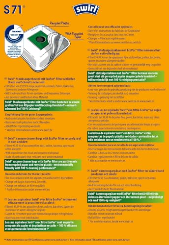 Swirl S 71 EcoPor vacuum cleaner bags (10 bags), tear-resistant dust bags for select Siemens & Bosch vacuums, in eco-friendly packaging, 99.9% filtration of household dust & allergenic fine dust.