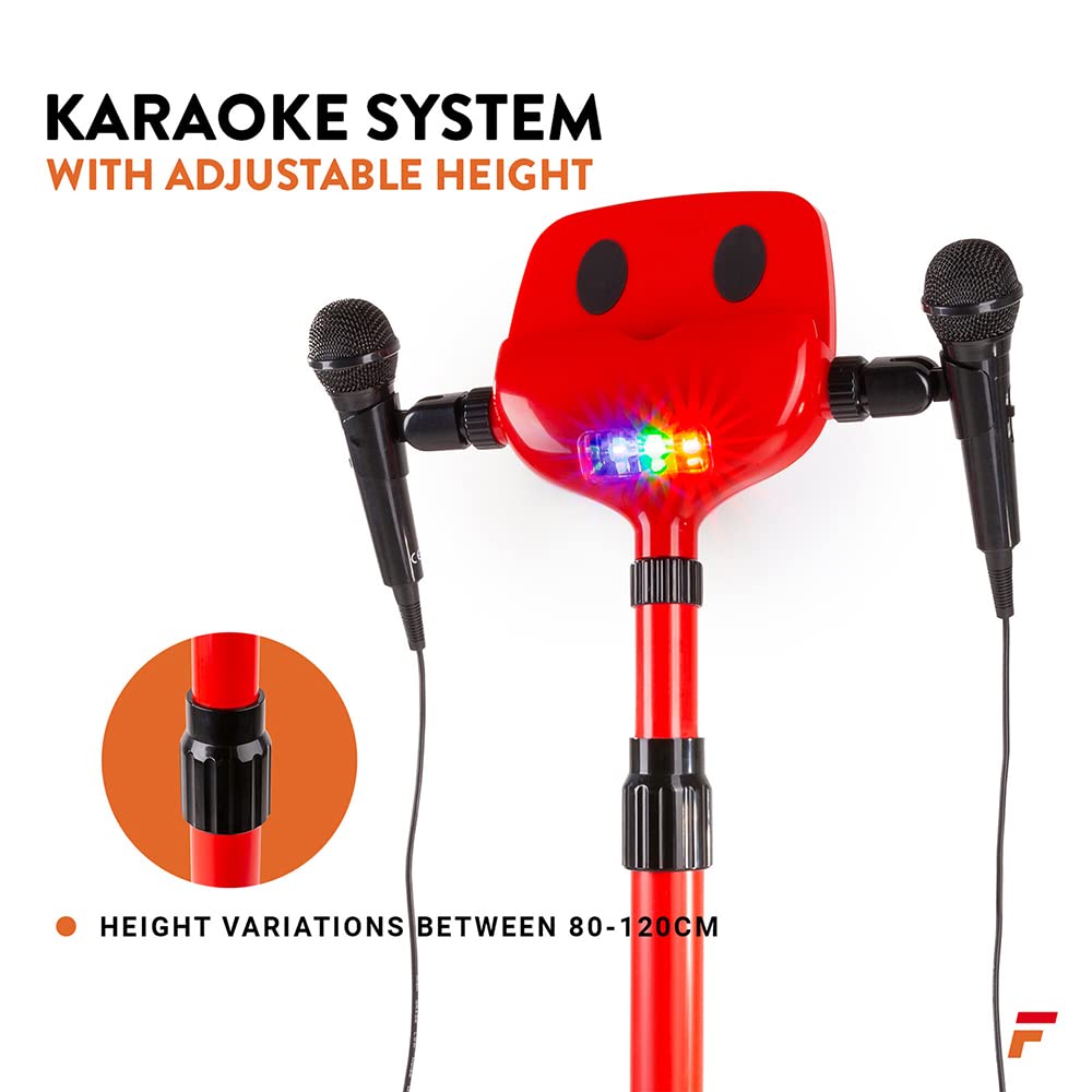 Fenton karaoke system with 2 microphones, stage mat with LEDs, Bluetooth, MP3 player, USB, karaoke machine with disco light effects - red suitable for all age groups with 2 handheld microphones and tablet holder.