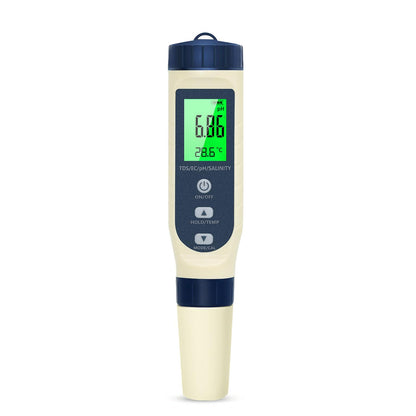 pH meter water, 5 in 1 pH/TDS/EC/Salinity/Thermometer tester with LCD display. Automatic temperature compensation, high precision for testing drinking water, pools.