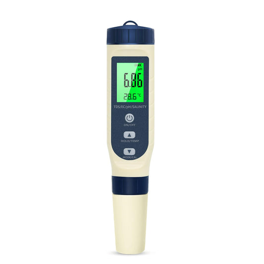 pH meter water, 5 in 1 pH/TDS/EC/Salinity/Thermometer tester with LCD display. Automatic temperature compensation, high precision for testing drinking water, pools.