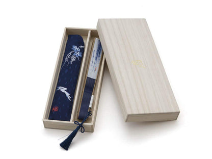 Maisendo hand fan Yoru, blue-white, made of bamboo wood and Japanese cotton, linen premium quality fabric case and gift box.