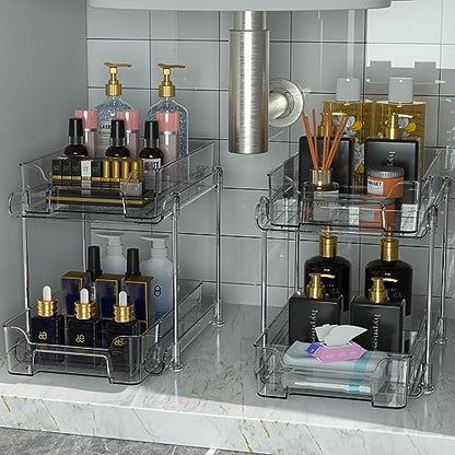 DEKAVA Under Desk Organizer, 2 Pieces, Bathroom Cabinet Organizer, 2 Layers, Sliding Door Basket, Drawer, Multi-purpose Bathroom Storage Baskets for Bathroom (Transparent)