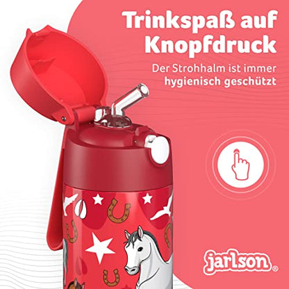Jarlson® Kids Stainless Steel Water Bottle CHARLI with Straw - Thermos Flask 350ml - TÜV tested - BPA free - leak-proof - Thermal Water Bottle for School, Kindergarten (Horse)
