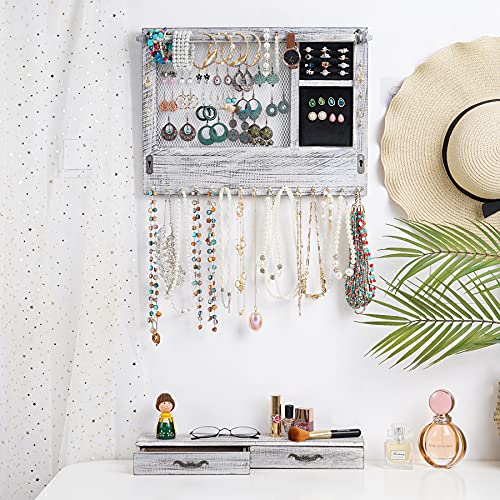 QILICZ Wall Mount Jewelry Organizer Jewelry Holder with Bracelet Bar, 21 Hooks, Drawer Jewelry Storage for Earrings, Studs, Necklaces, Bracelets, Rings, and Accessories