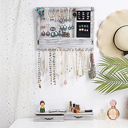 QILICZ Wall Mount Jewelry Organizer Jewelry Holder with Bracelet Bar, 21 Hooks, Drawer Jewelry Storage for Earrings, Studs, Necklaces, Bracelets, Rings, and Accessories