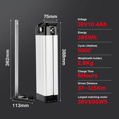 SEASON E-Bike Pedelec Battery Silverfish 36V 10.4Ah 385Wh, compatible with 36V 250W/350W/500W motors, for MiFa Rex Prophete Aldi Bike, compatible with Phylion/XH370-10J, Zhenlong/ZL1010-F.