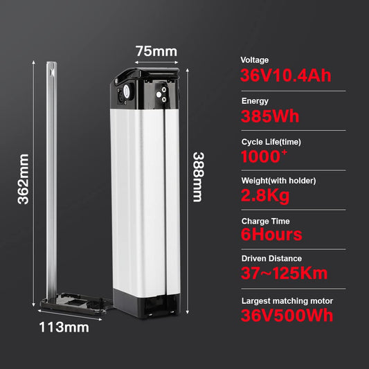 SEASON E-Bike Pedelec Battery Silverfish 36V 10.4Ah 385Wh, compatible with 36V 250W/350W/500W motors, for MiFa Rex Prophete Aldi Bike, compatible with Phylion/XH370-10J, Zhenlong/ZL1010-F.