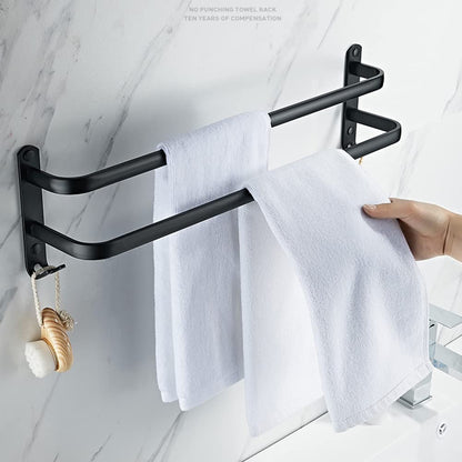 Bathroom towel holder, black matte towel rack with towel rods and hook design, wall-mounted towel holder, no drilling required (40cm, two bars)