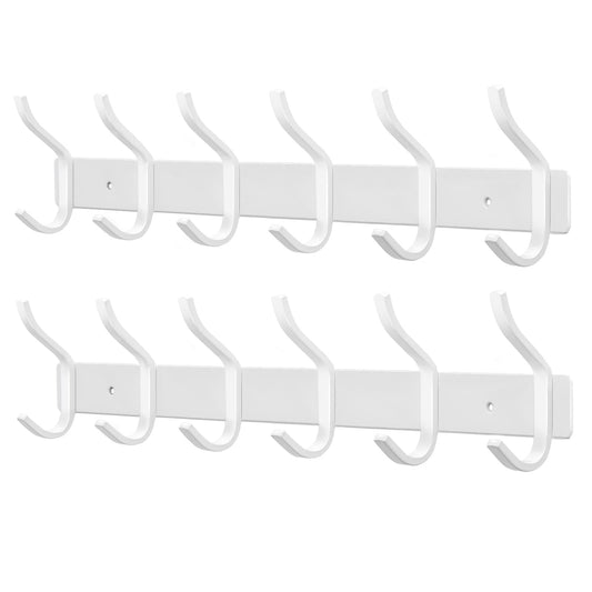 MEIJO stainless steel coat hooks, hook rail with 6 hooks, coat rack wall mounted for bedroom bathroom kitchen (White, 6 hooks 2 pieces)