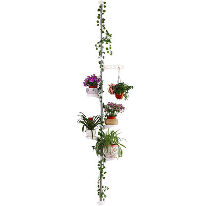 BAOYOUNI 5-Tier Telescopic Plant Stand Flower Shelf Rack Metal Tension Pole Adjustable Height 175-235 cm or 230-290 cm for Indoor, Balcony, Living Room, Ivory