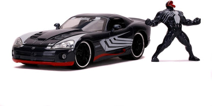 Jada Toys Marvel Venom, 2008 Dodge Viper, SRT10, die-cast toy car with opening doors, trunk, and hood, includes die-cast Venom figure, 1:24 scale, black