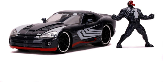 Jada Toys Marvel Venom, 2008 Dodge Viper, SRT10, die-cast toy car with opening doors, trunk, and hood, includes die-cast Venom figure, 1:24 scale, black