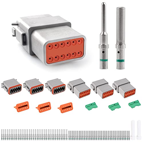 JRready DT Series Connector 12 Pin Gray Waterproof Electrical Wire Connector Plug Receptacle with Round Contact and Seal Plug, 3 Sets