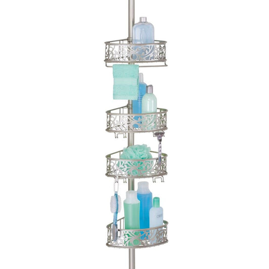 mDesign metal corner shower caddy - expandable shower shelf without drilling - stylish shower basket for shampoo, conditioner, etc. - with floral pattern - matte silver color.