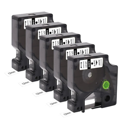 Molabel 5-pack compatible tape for Dymo D1 45013 S0720530 (12mm x 7m), Black on White, fits Dymo LabelManager 160, 200, 210D, 280, 360D, 420P, 450D.