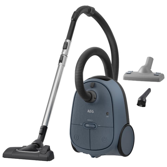 AEG CLEAN 6000 Bagged Vacuum Cleaner, High Suction Power, incl. Additional Nozzles, 50% Recycled Plastic, Ideal for Pet Owners, Cleaning Upholstery, 12m Cord, 850W, Blue, AB61C2DB