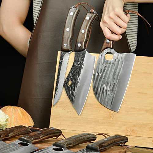 FULLHI 13pcs Butcher Chef Knife Set includes High Carbon Steel Cleaver Kitchen Knife Full Tang Vegetable Cleaver Home BBQ Camping with Knife Case