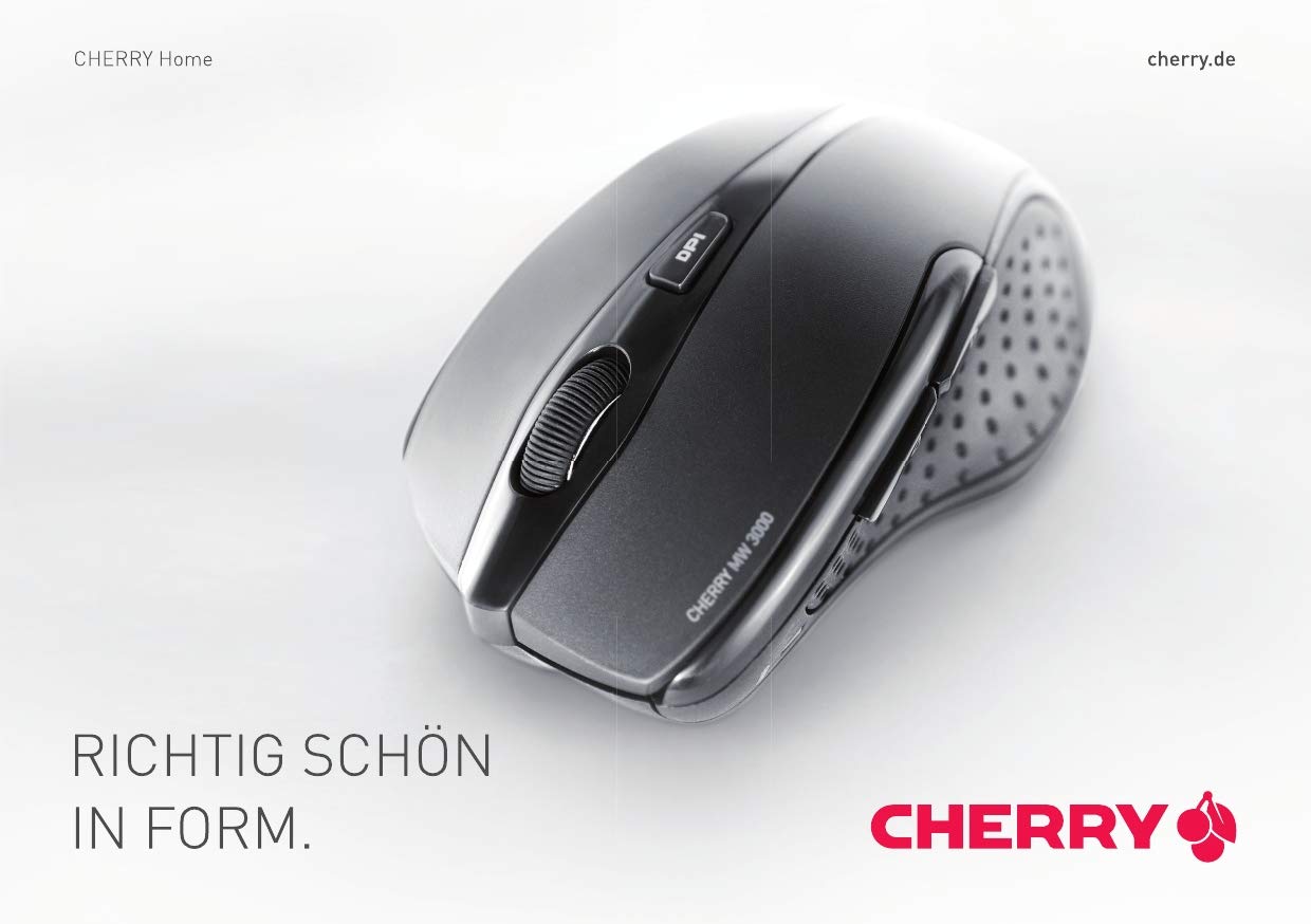 CHERRY MW 3000, Wireless ergonomic mouse for right-handers, 2.4 GHz, 6 buttons, optical sensor, rubberized side grips, battery powered, black.