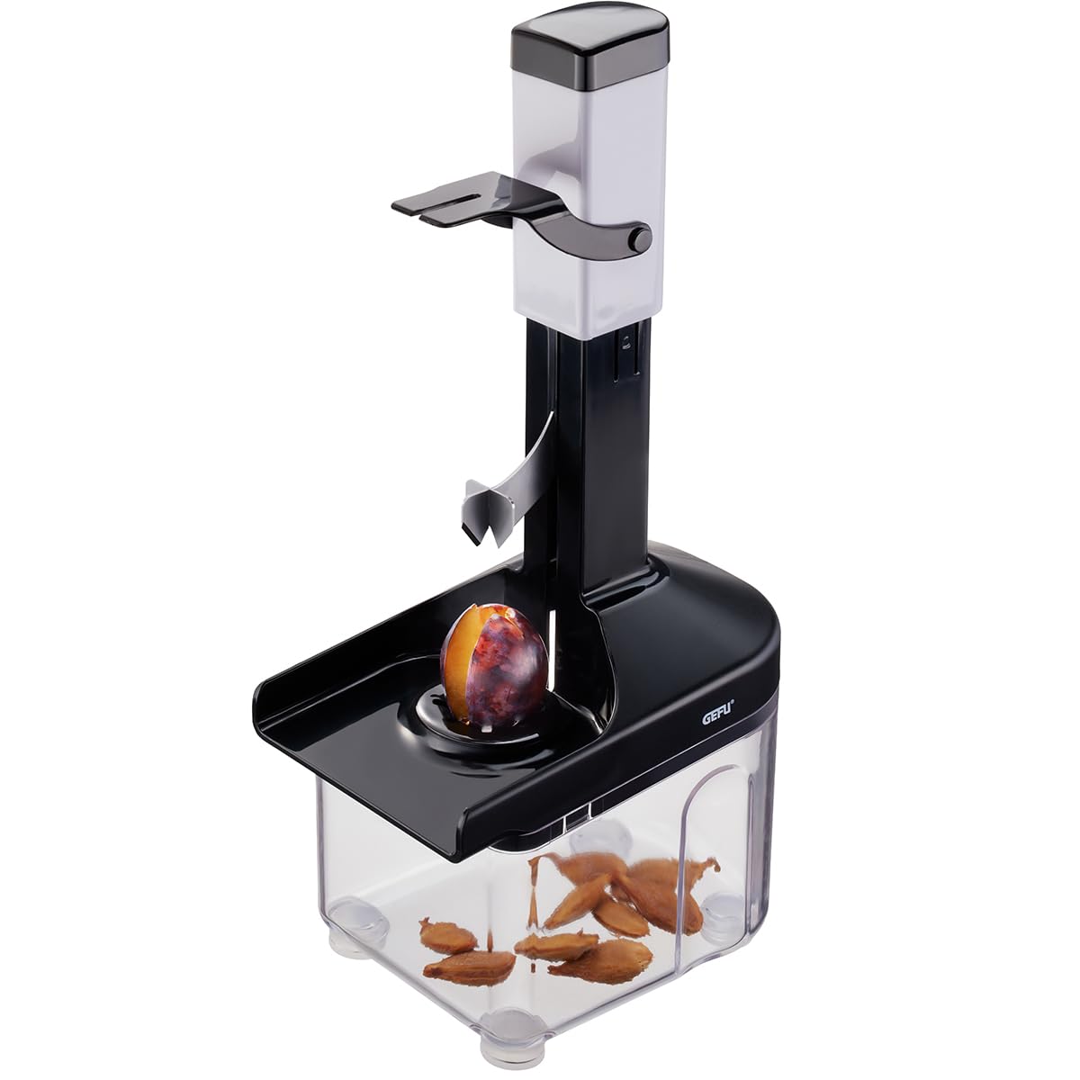 GEFU CORER Plum Stoner | For plums, damsons, apricots up to Ø 5 cm | Ejector & extra large container | Anti-slip & dishwasher safe