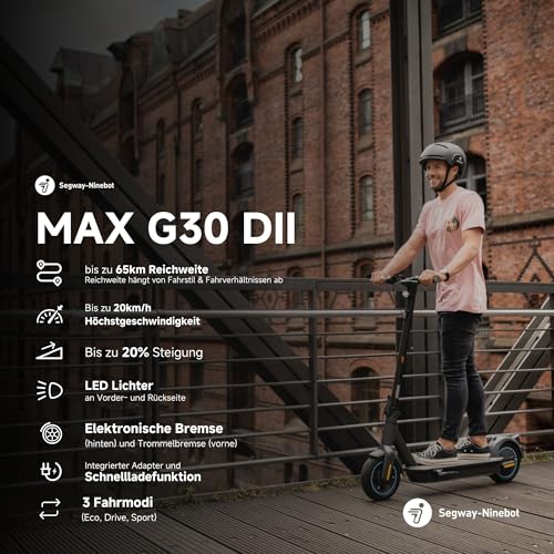 Segway-Ninebot MAX G30D II, street-legal electric scooter for adults, max. 20 km/h speed, 65 km range, Long Range (2021 Version), gray