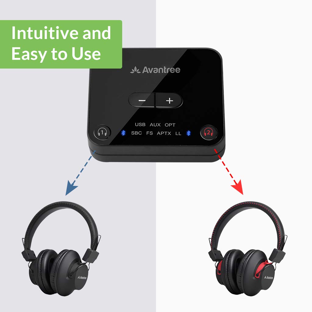 Avantree HT41899 Dual Bluetooth 5.0 Wireless TV Headphone Set with Transmitter and Stand (Digital Optical AUX RCA), 40 Hrs TV Headphones for Seniors, Plug-and-Play, No Delay.