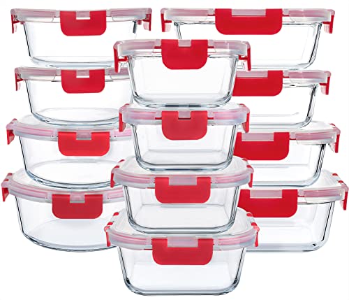 24-piece glass food storage containers with improved snap-lock lids, glass meal prep container set - airtight lunch containers, microwave, freezer, and dishwasher safe, red.