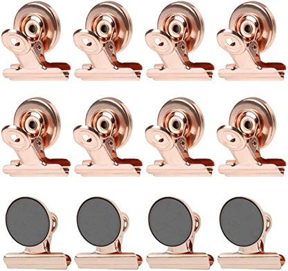 12 pieces Whiteboard magnets for magnetic board, Strong refrigerator magnet clips with scratch-resistant adhesive pads, Rose gold magnetic metal clamp, magnetic clips, magnets with clip for refrigerator, photo.