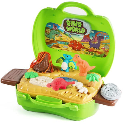 Dinosaur clay set for kids, 37 pieces, Dino clay tools and shapes accessories with volcano and fossils for boys and girls.