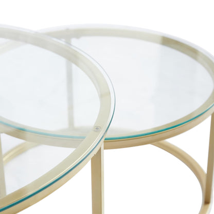 EGOONM 2-piece set round coffee table, round modern glass table with gold metal frame, (80*80*45cm+60*60*35cm)
