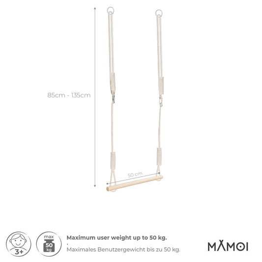 MAMOI® Trapeze swing, wooden gymnastic rings, kids' indoor and outdoor exercise equipment, ring swing, wooden swing set, gymnastic rings, and trapeze bar.