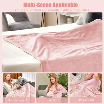 HOMASIS Electric Heated Blanket, with automatic shut-off, 4 heat settings, 8-hour timer, PTC/NTC overheat protection, remote control, machine washable Flannel Warming Blanket (Pink, 130x180cm)
