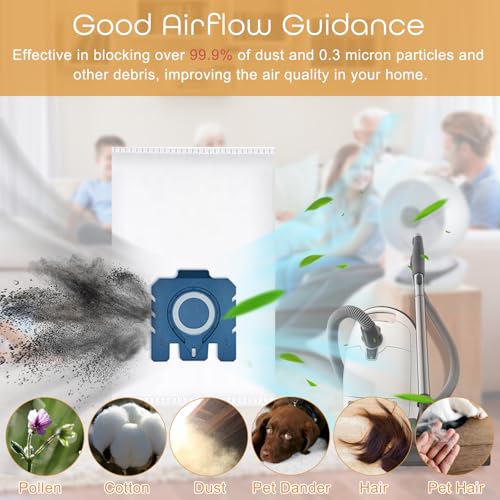 10 Replacement vacuum cleaner bags compatible with Miele vacuum cleaners GN series, Classic C1, Complete C2, Complete C3, S2, S4, S5, S6, S8 series. Includes 3 motor protection filters and 3 exhaust filters.