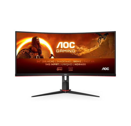 AOC Gaming CU34G2XP - 34-inch WQHD Curved Monitor, 180 Hz, FreeSync Premium, HDR400 (3440x1440, 1ms GtG, HDMI, DisplayPort, USB Hub) black-red