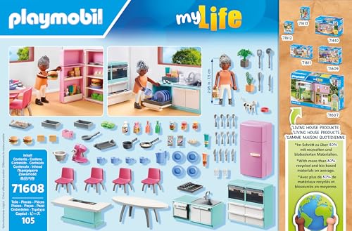 PLAYMOBIL MyLife 71608 Kitchen with Dining Area, fully equipped kitchen for detailed play, made from over 80% recycled and bio-based materials, creative toy for children ages 4 and up.