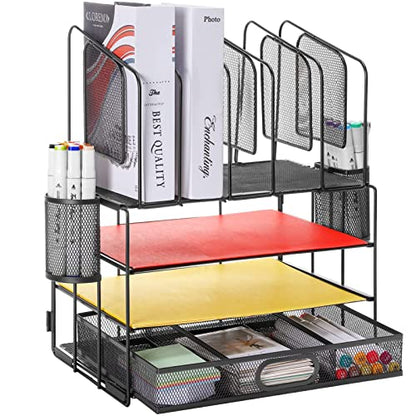Restorgan Mesh Desk Organizers, Desk Organizer with drawer, 4-tier Mesh Desk Organizer with 5 vertical file holders and 2 pen holders.