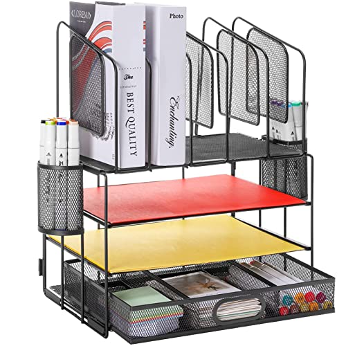 Restorgan Mesh Desk Organizers, Desk Organizer with drawer, 4-tier Mesh Desk Organizer with 5 vertical file holders and 2 pen holders.