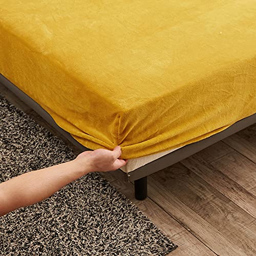 Damier Plush Fitted Sheet 200x200cm Gold Yellow Fluffy Bed Sheet Winter Warm Cashmere Touch Fitted Sheet Suitable for 30cm Mattress