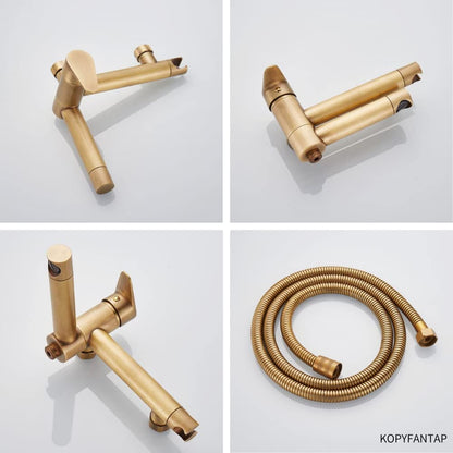 KOPYFANTAP Retro bathtub faucet with handheld shower brass antique, wall-mounted bathtub mixer tap shower set, 90° rotatable spout 15cm.