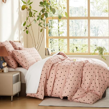 Nyescasa bedding 135x200 pink heart pattern 100% cotton girls children's heart bedding set with zipper, 1 duvet cover 135x200 and 1 pillowcase 80x80 cm