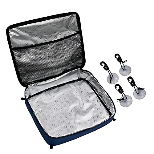 Cooler deck bag (blue) with 11L capacity, waterproof phone pouch, mesh pocket on top, portable suction cup, zipper nylon fabric board bags deck accessory.