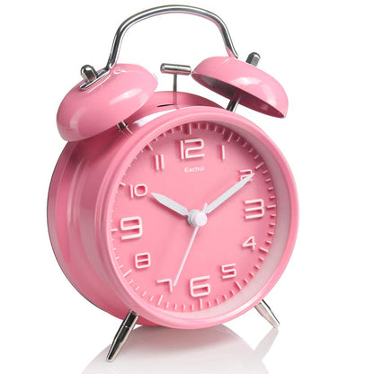 Eachui double bell alarm clock with night light, large 4-inch dial, analog quartz alarm with loud sound, no ticking, silent, battery operated kids alarm clock (pink)