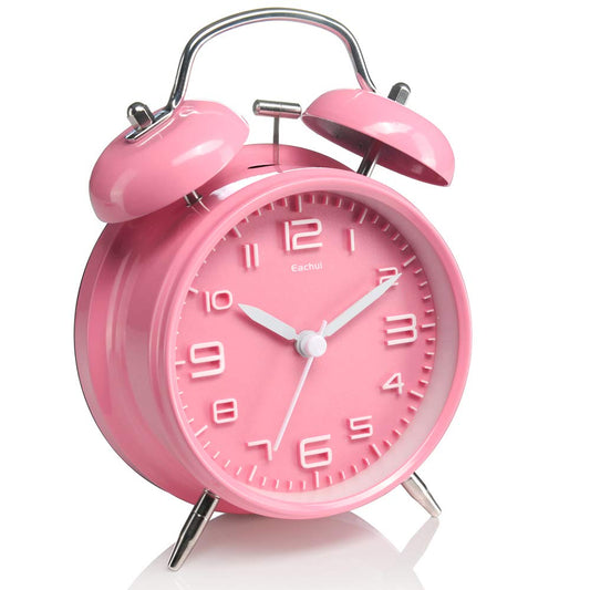 Eachui double bell alarm clock with night light, large 4-inch dial, analog quartz alarm with loud sound, no ticking, silent, battery operated kids alarm clock (pink)
