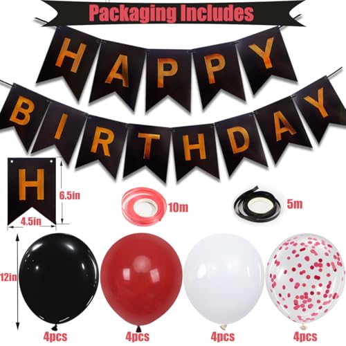 Happy Birthday Banner, Red Birthday Decorations, 16 pieces 12 inch balloons with 2 strings for men, women, girls, and boys party decoration