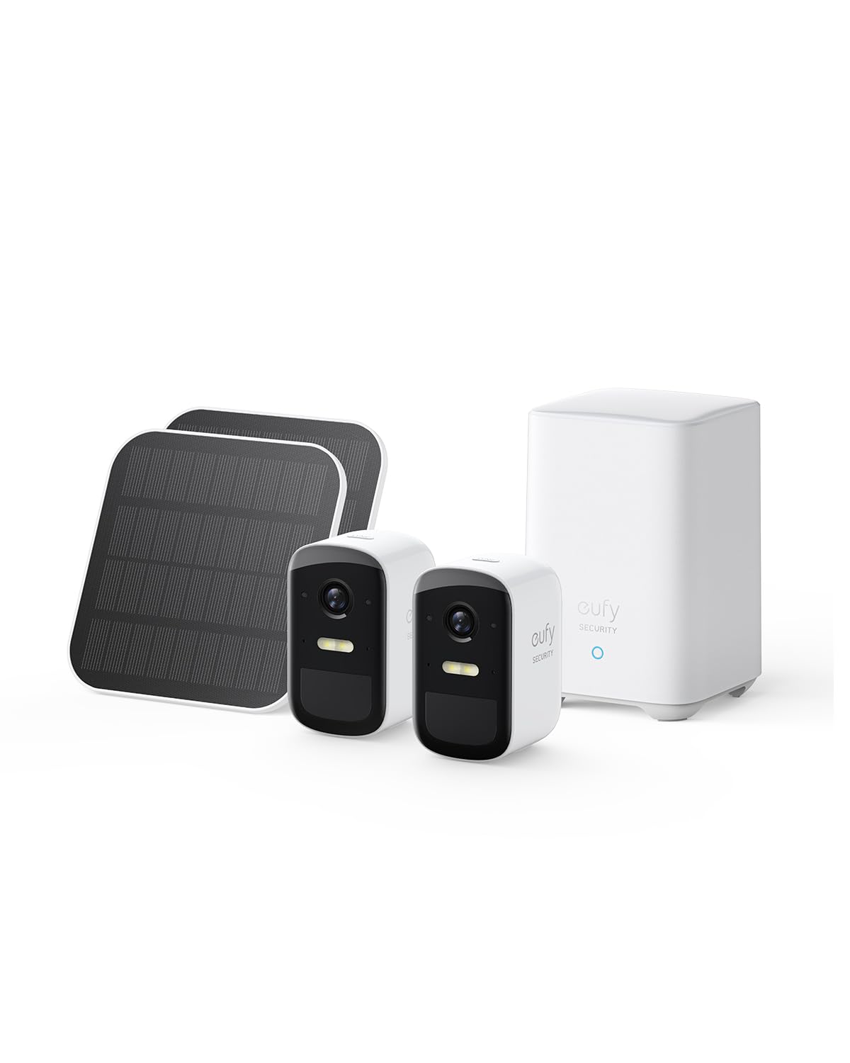 eufy Security eufyCam 2C 2-camera set, solar panel, outdoor surveillance camera, HomeKit compatible, 1080p HD, IP67 weatherproof, night vision, no monthly fees.