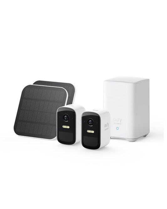 eufy Security eufyCam 2C 2-camera set, solar panel, outdoor surveillance camera, HomeKit compatible, 1080p HD, IP67 weatherproof, night vision, no monthly fees.